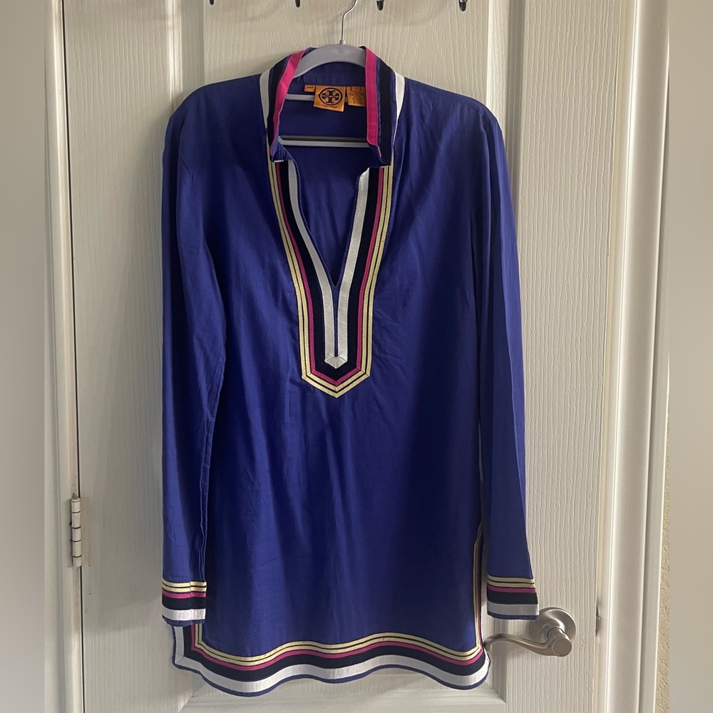 Tory Burch Navy Tunic Top with Vibrant Pink Accents